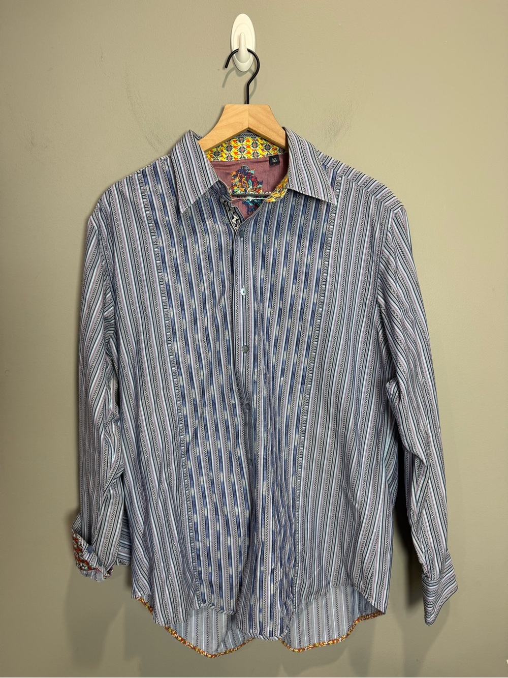 Robert Graham Silk Cotton Striped Button Down Shirt Men’s L Embroidered